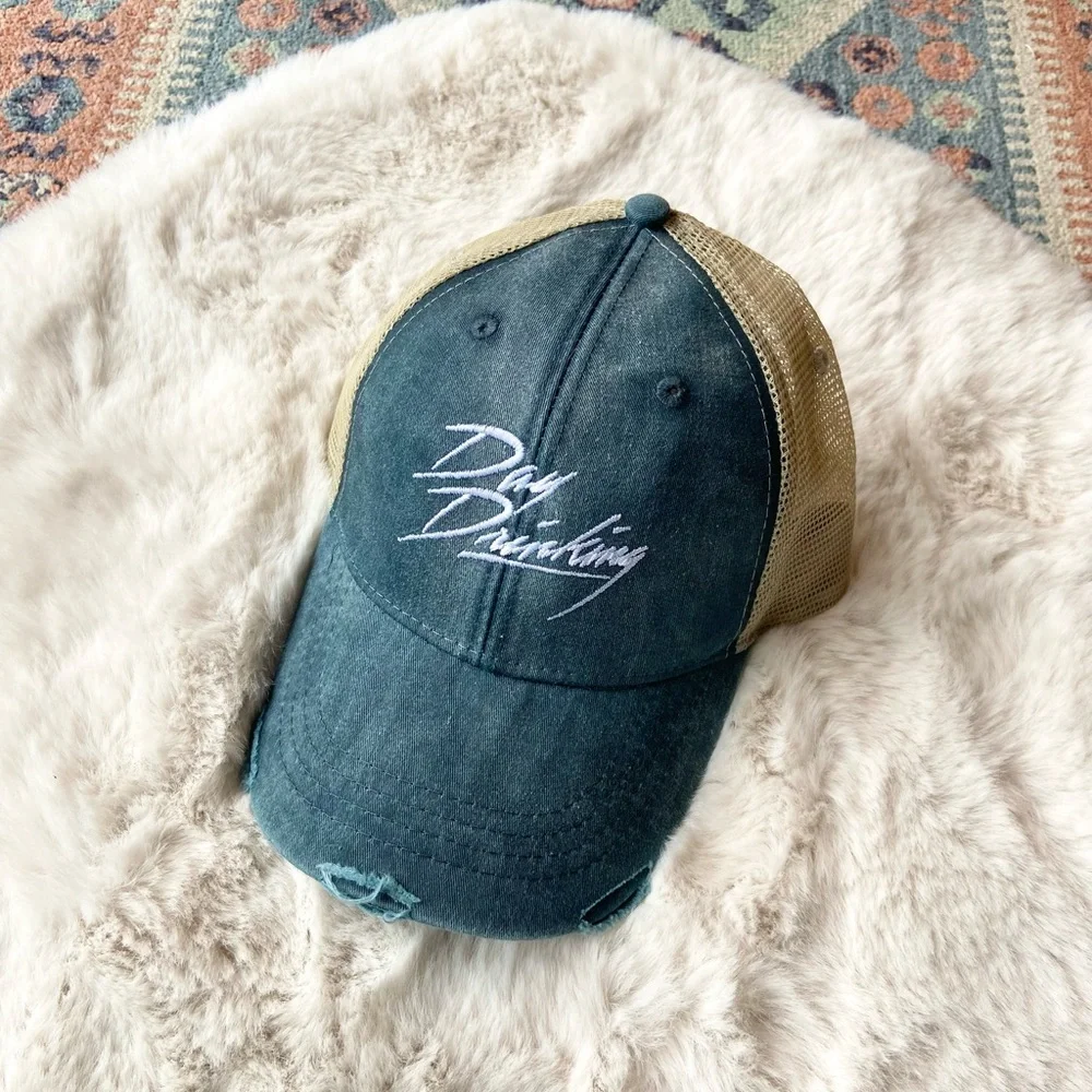 NEW Trucker hat Day Drinking distressed baseball cap women’s baseball mesh OSFM